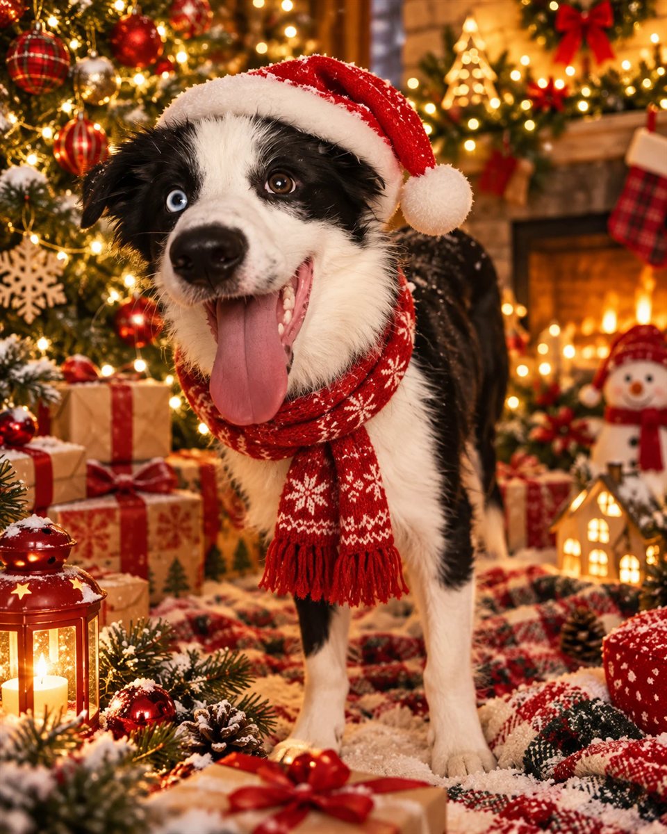 聖誕主題範例 — 戴著聖誕帽與紅色圍巾的邊境牧羊犬